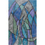 Abstract stained-glass-style artwork with overlapping geometric shapes in blue, purple, teal, and gray outlined in black, shown centered on a white background.