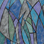 Abstract geometric stained-glass style painting featuring overlapping curved and angular shapes in shades of blue, purple, and teal, outlined with black lines on a metallic silver background; signed 'Darin' in the bottom-right.