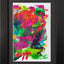 Abstract textured painting with layered brush and palette-knife strokes in pink, green, red, blue, yellow, and purple on a white background; matted and framed in black.