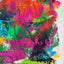 Abstract textured painting with layered brush and palette-knife strokes in pink, green, red, blue, yellow, and purple on a white background.