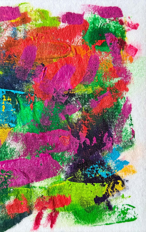 Abstract textured painting with layered brush and palette-knife strokes in pink, green, red, blue, yellow, and purple on a white background.