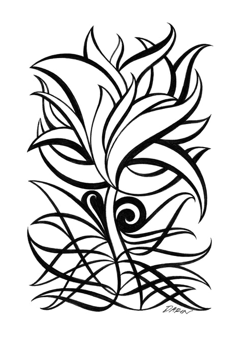 Black and white abstract pen‑and‑ink drawing with optical‑illusion shapes, featuring a mardi-gras-type mask.