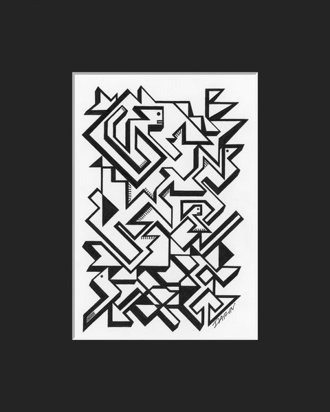 Black and white abstract pen‑and‑ink drawing with optical‑illusion shapes, featuring stylized creatures, in the form of a maze; matted in black.