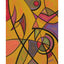 Abstract geometric design painting with intersecting curvilinear black lines and angular shapes in yellows, oranges, pinks, purples, and greens on a yellow ochre-orange background; signed 'Darin' in the lower-right, with a white background.