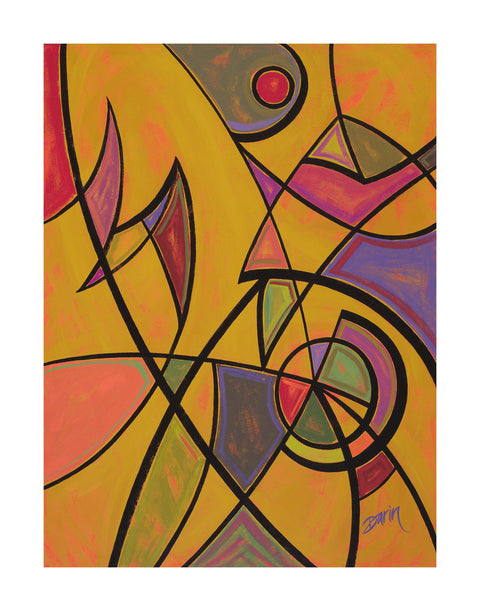 Abstract geometric design painting with intersecting curvilinear black lines and angular shapes in yellows, oranges, pinks, purples, and greens on a yellow ochre-orange background; signed 'Darin' in the lower-right, with a white background.