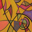 Abstract geometric design painting with intersecting curvilinear black lines and angular shapes in yellows, oranges, pinks, purples, and greens on a yellow ochre-orange background; signed 'Darin' in the lower-right.