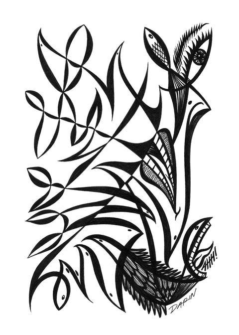 Black and white abstract pen‑and‑ink drawing with optical‑illusion shapes, featuring a stylized birds, a fish, face, and a mouth yelling "AHH!" 