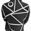 A black denim jacket with a bold white geometric line pattern and a white circle motif on the back, shown on a mannequin from the rear, with the collar up.