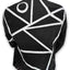 A black denim jacket with a bold white geometric line pattern and a white circle motif on the back, shown on a mannequin from the rear.