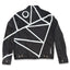 A black denim jacket shown from the back, featuring a bold, painted, white geometric line design and a white circular motif on the upper back, with the signature Darin near the lower right side.