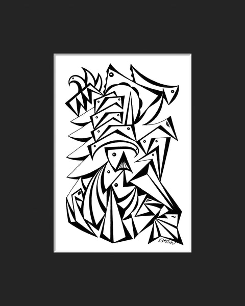  Black and white abstract pen‑and‑ink drawing with optical‑illusion shapes, featuring stylized, obscure animals and eye motifs; matted in black.