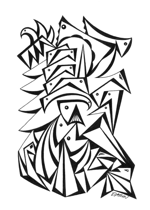  Black and white abstract pen‑and‑ink drawing with optical‑illusion shapes, featuring stylized, obscure animals and eye motifs.