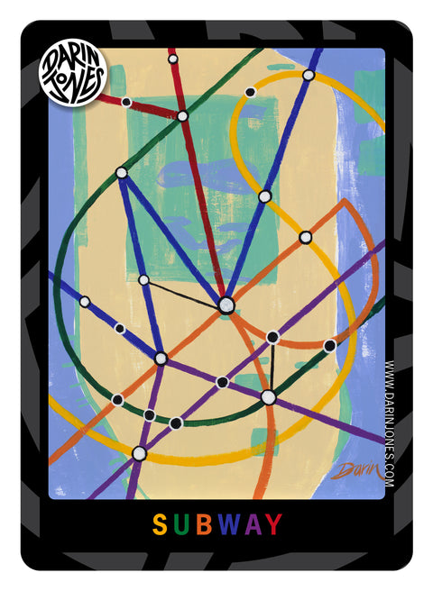 A painting of an abstract subway map design with intersecting colored lines on a cream and blue background, with the title 'SUBWAY' in multicolored letters at the bottom, a black and gray design border, the DARIN JONES logo in the upper left, and website on the right.