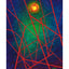 Abstract painting featuring a vibrant yellow glowing center, surrounded by green and deep blue swirls; overlaid with an intersecting architectural design of red lines; signed 'Darin' in green in the lower-right, with a white border. 