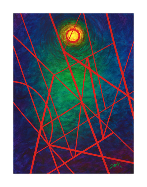 Abstract painting featuring a vibrant yellow glowing center, surrounded by green and deep blue swirls; overlaid with an intersecting architectural design of red lines; signed 'Darin' in green in the lower-right, with a white border. 