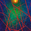 Abstract painting featuring a vibrant yellow glowing center, surrounded by green and deep blue swirls; overlaid with an intersecting architectural design of red lines; signed 'Darin' in green in the lower-right.