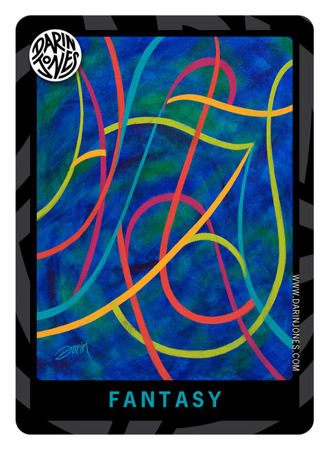 A painted abstract colorful composition. featuring swirling, flowing lines in fuchsia, yellow, teal, and green over a deep blue and green textured background, with the word 'FANTASY' in teal at the bottom, a black and gray design border, the DARIN JONES logo in the upper left, and website on the right.