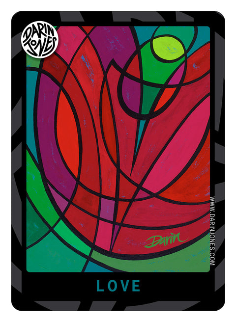 A painted abstract stained-glass-style heart design in bold red, pink, green, and purple shapes outlined in black. The word "LOVE" appears at the bottom in bright blue, a black and gray design border, the DARIN JONES logo in the upper left, and website on the right.