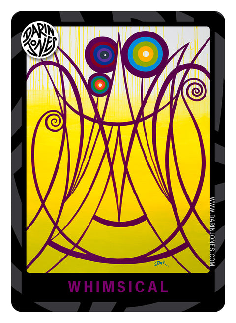 An abstract painted design with purple linework and colorful concentric circles on a bright yellow background, with the word 'WHIMSICAL' at the bottom, a black and gray design border, the DARIN JONES logo in the upper left, and website on the right.