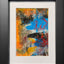 Abstract textured painting with layered brush and palette-knife strokes in blue, orange, red, yellow, and black; matted in white and framed in black.