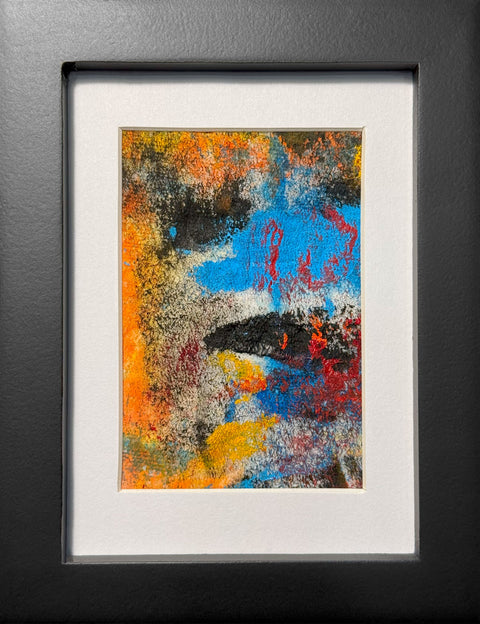Abstract textured painting with layered brush and palette-knife strokes in blue, orange, red, yellow, and black; matted in white and framed in black.