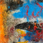 Abstract textured painting with layered brush and palette-knife strokes in blue, orange, red, yellow, and black.