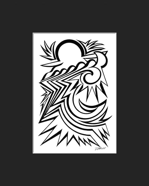  Black and white abstract pen‑and‑ink drawing with optical‑illusion shapes; matted in black.