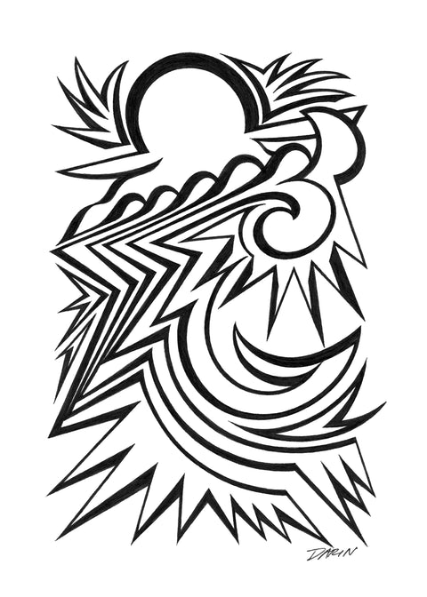  Black and white abstract pen‑and‑ink drawing with optical‑illusion shapes.