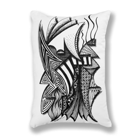 A rectangular white throw pillow featuring a black hand-drawn pen-and-ink illustration of an open-mouth creature, geometric and organic patterns.