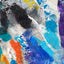 Abstract textured painting with layered brush and palette-knife strokes in blue, black, white, purple, orange, and yellow.