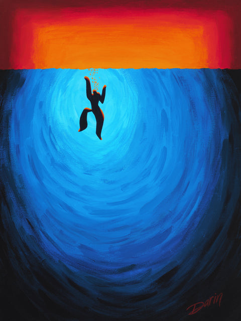 An abstract painting depicting a Navy blue silhouette of a person floating in a swirling blue sea vortex, with a bright orange and red gradient at the top. Signed Darin in the bottom right corner.
