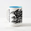 White ceramic coffee mug with a white handle and blue interior, featuring a wrap‑around print of the artwork titled “Pescados.“
