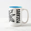 White ceramic coffee mug with a white handle and blue interior, featuring a wrap‑around print of the artwork titled “Pescados.“