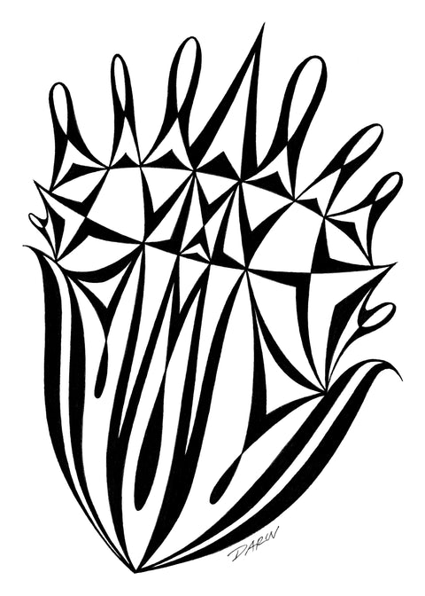 Black and white abstract pen‑and‑ink drawing with optical‑illusion shapes.