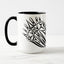 White ceramic coffee mug with a black handle and black interior, featuring a mirrored black and white print of the artwork titled “Pinned.“
