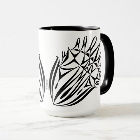 White ceramic coffee mug with a black handle and black interior, featuring a mirrored black and white print of the artwork titled “Pinned.“