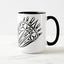 White ceramic coffee mug with a black handle and black interior, featuring a mirrored black and white print of the artwork titled “Pinned.“