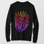 A black long-sleeve crewneck t-shirt featuring a colorful, geometric, graphic illustration of the artwork: Pinned, in a gradient of yellow, orange, red, pink, and purple.