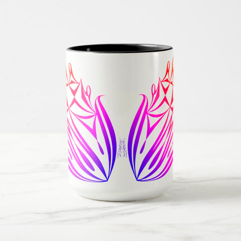 White ceramic coffee mug with a black handle and black interior, featuring a mirrored colorful gradient print of the artwork titled “Pinned.“