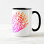 White ceramic coffee mug with a black handle and black interior, featuring a mirrored colorful gradient print of the artwork titled “Pinned.“