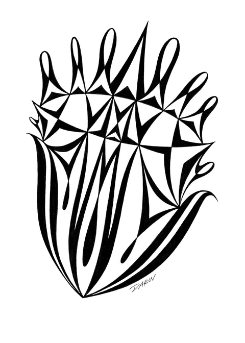 Black and white abstract pen‑and‑ink drawing with optical‑illusion shapes.