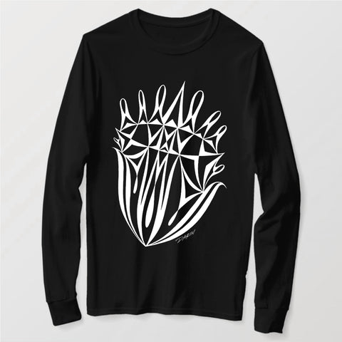 A black long-sleeve crewneck t-shirt featuring a white, geometric, graphic illustration of the artwork: Pinned.