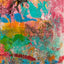 Abstract textured painting with layered brush and palette-knife strokes in pink, turquoise, yellow, orange, green, red, and black.