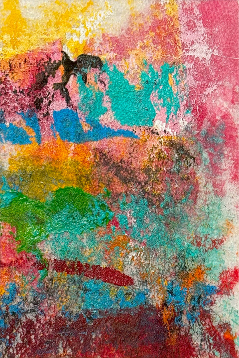 Abstract textured painting with layered brush and palette-knife strokes in pink, turquoise, yellow, orange, green, red, and black.