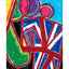Vibrant geometric design of a painting with bold, red intersecting lines forming an abstract Union Jack flag, and geometric shapes in blue, green, yellow, purple, fuchsia, white, and black; signed 'Darin' in the lower left, with a white border.