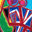 Vibrant geometric design of a painting with bold, red intersecting lines forming an abstract Union Jack flag, and geometric shapes in blue, green, yellow, purple, fuchsia, white, and black; signed 'Darin' in the lower left.