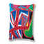 A rectangular throw pillow featuring a vibrant, abstract geometric painted pattern with bold red, blue, green, black, white, pink, and purple brushstrokes.