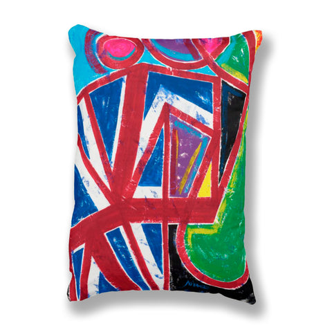 A rectangular throw pillow featuring a vibrant, abstract geometric painted pattern with bold red, blue, green, black, white, pink, and purple brushstrokes.