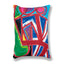 A rectangular throw pillow featuring a vibrant, abstract geometric painted pattern with bold red, blue, green, black, white, pink, and purple brushstrokes.