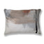 An abstract rectangular throw pillow featuring a textured painting print in shades of gray, beige, white, and a small rust-orange accent, with a black stripe along the right side.